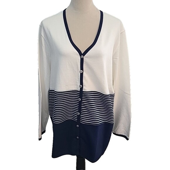 Silver Wear Sweaters - Silver Wear Womens S Button Cardigan Sweater White Navy Stripe Nautical USA Ivy